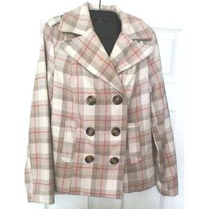Old Navy Wool Blend Peacoat Plaid Jacket Size Medium Beige Red  Double Breasted